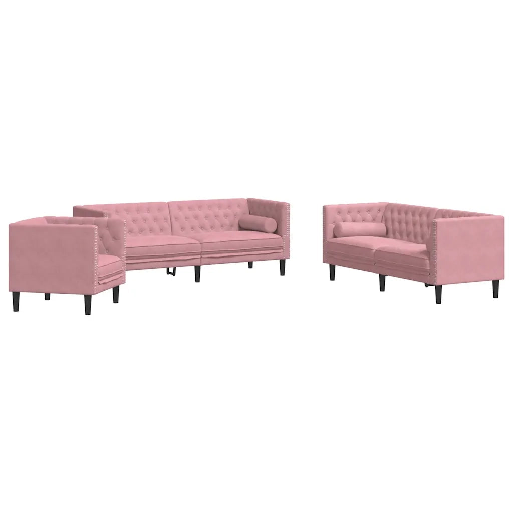 Set Divani Chesterfield 3pz con Cuscini Rosa Velluto 3209284