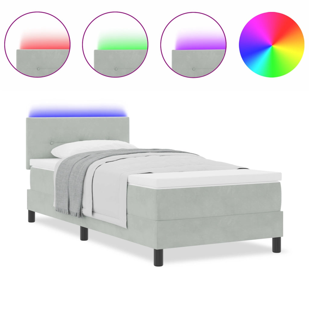 Letto Box Spring con Materasso e Luce LED Grigio Chiaro 100x200 cm in Velluto