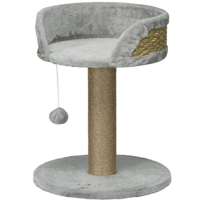Tiragraffi per gatti con cuccia e pallina sospesa, 40x40x49 cm, in poliestere e juta grigio