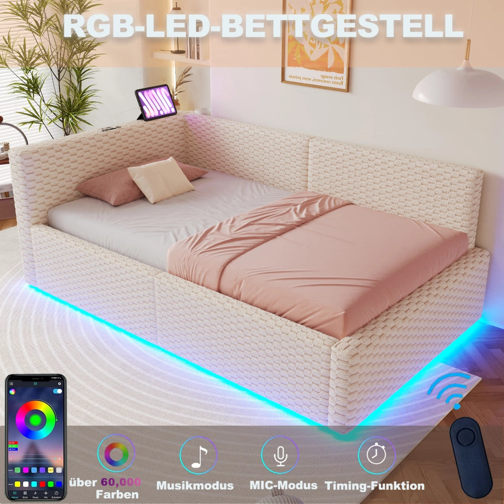 DESMIU Letto Divanetto 1 Piazza con Contenitore, LED, 2 USB e Tipo C 90 × 200 cm, senza Materasso, Beige