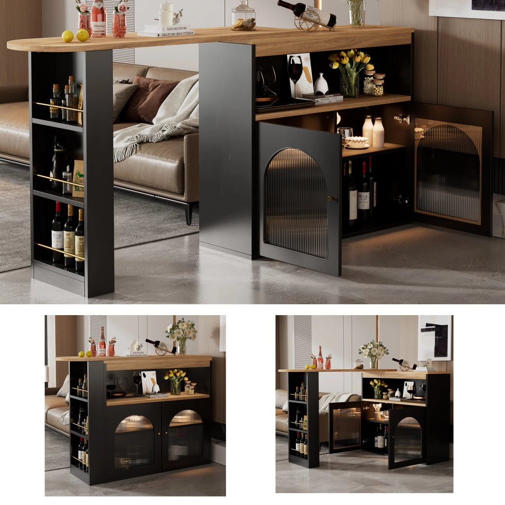OKWISH Tavolo Bar Estensibile con Ripiani a 3 Livelli, Rotazione 360 e LED, per Sala da Pranzo, MDF, Nero, 138-193 × 39 × 105 cm