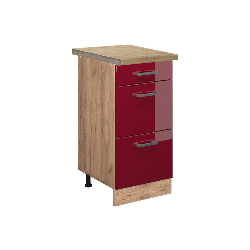 Vicco Mobiletto base per cucina Rosso lucido 40 cm con cassetti, PL Rovere