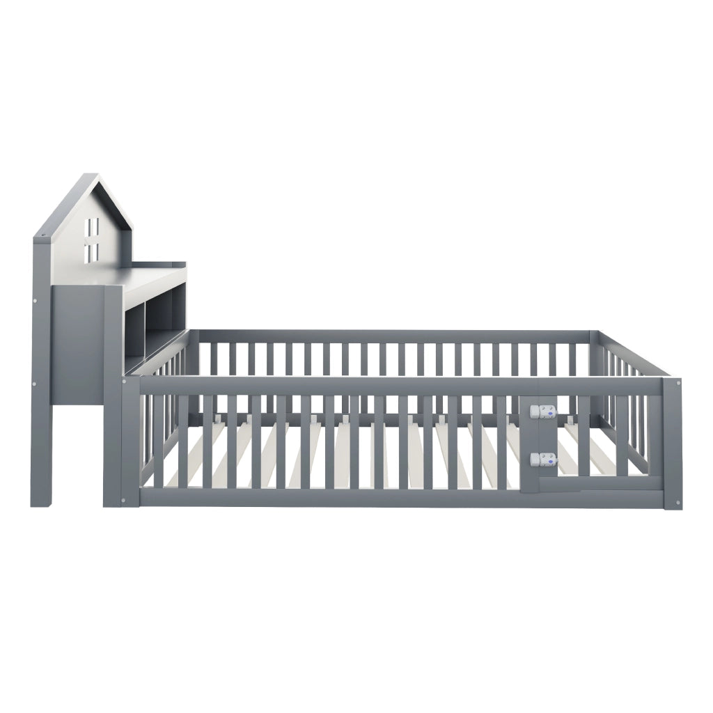Letto per bambini 90×200 cm a casetta con ripiani; barriera e porta; senza materasso; legno; grigio