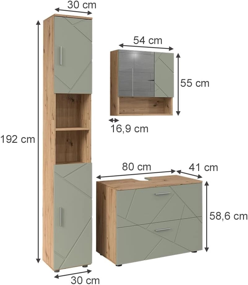 Set di mobili da bagno Irma, Verde salvia, 80 cm, composto da mobile sottolavabo, specchiera e colonna alta