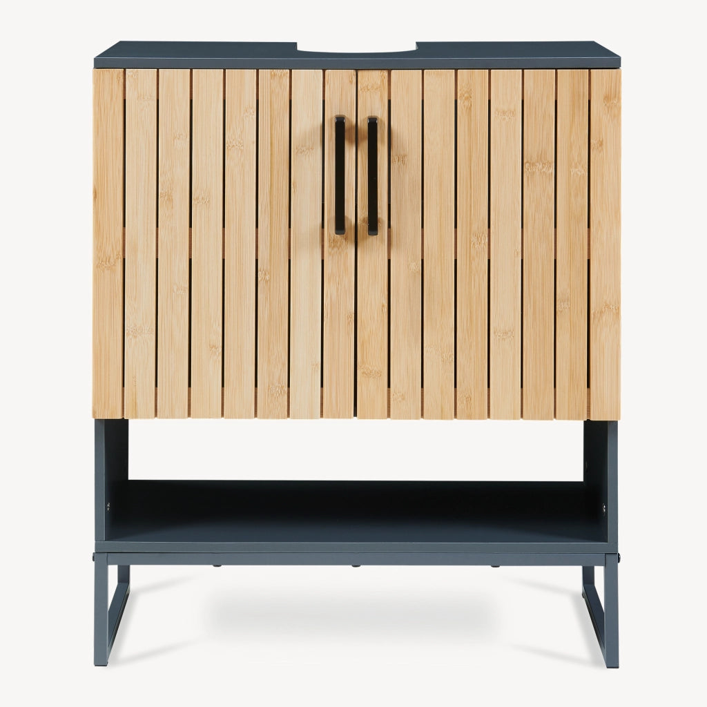 Mobile Sottolavabo Svanes a 2 Ante in Bambù 2 Scomparti Chiusi e Vano Aperto 70 x 60 x 30 cm - Grigio Scuro/Naturale [en.casa]