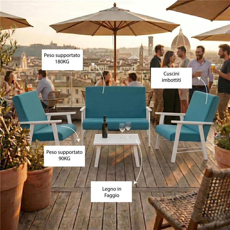 SET SALOTTO DA GIARDINO CON DIVANO, 2 POLTRONE + TAVOLINO IN LEGNO BIANCO E TESSUTO COLORE PETROLIO