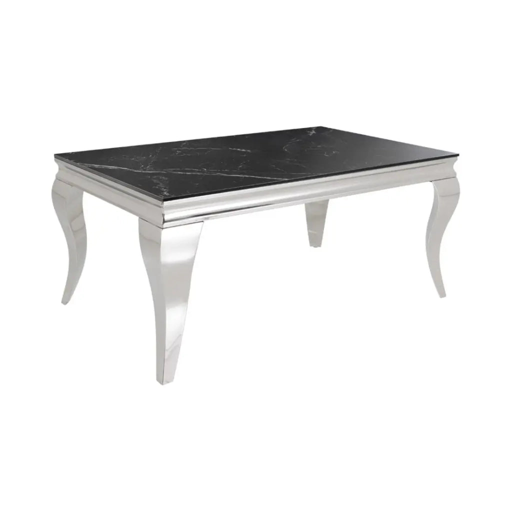 Tavolino basso VELENA 100 cm effetto marmo nero in pietra sinterizzata – Gambe curve argentate