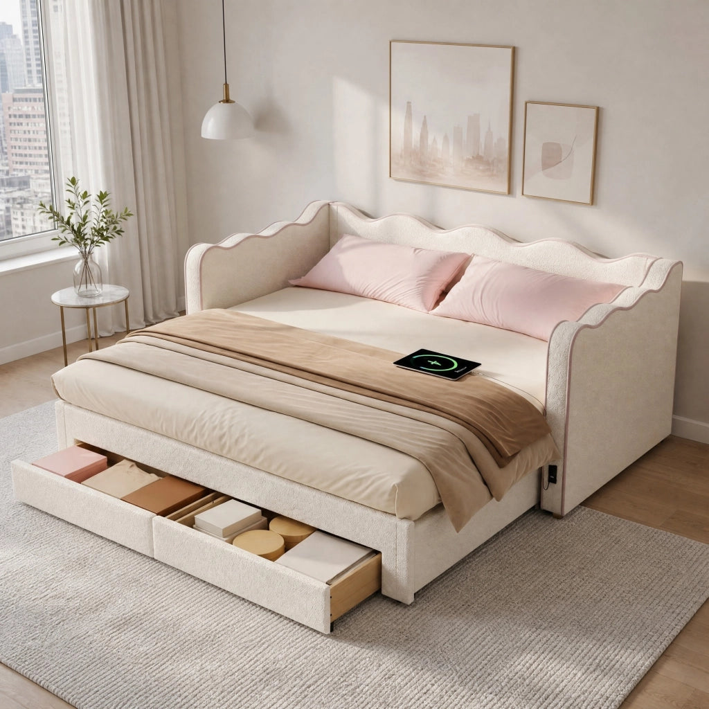 Letto daybed estraibile con cassetti, USB e Type-C, bouclé beige, 90x200 cm