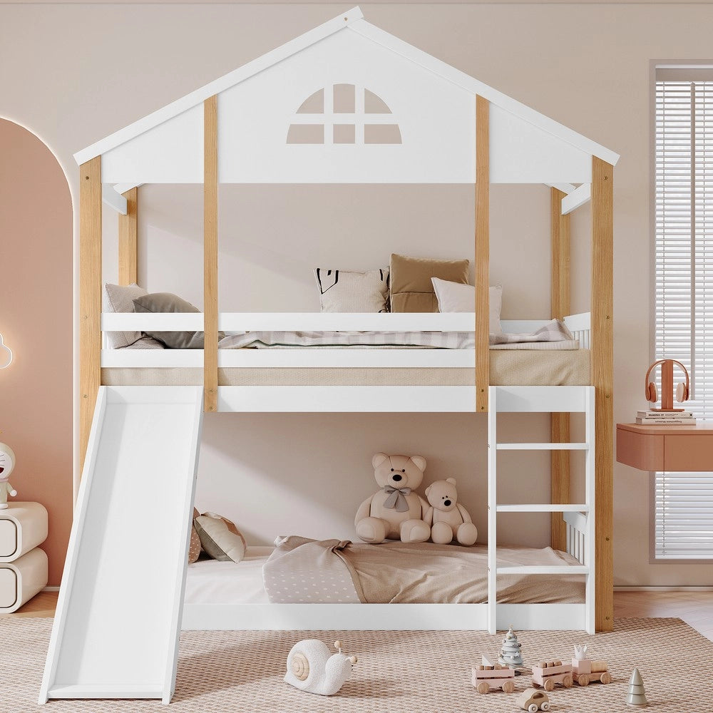 Letto a Castello con Scivolo e Finestre ¨C MINIMAL ¨C Massello Bianco 90x200