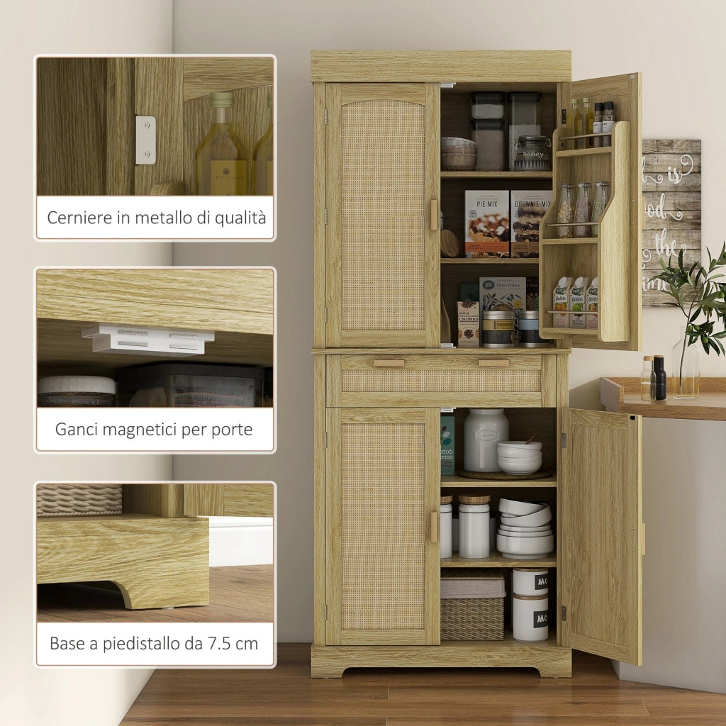 Credenza Cucina Stile Boho 2 Armadietti con Portaspezie e Cassetto 76x40x183 cm Rovere
