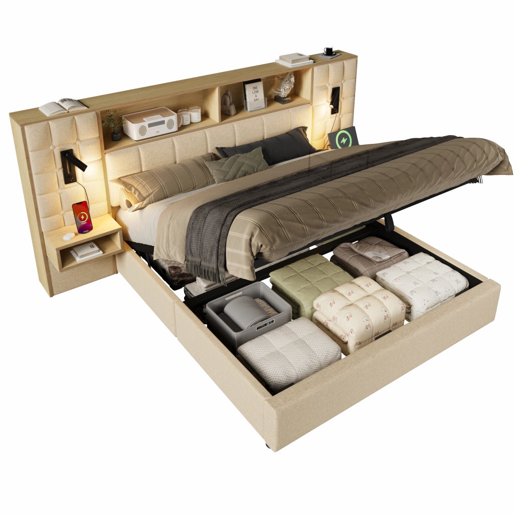 Letto Contenitore 160 x 200 cm; USB; Type-C; 2 Lampade da Lettura e 2 Comodini - Beige