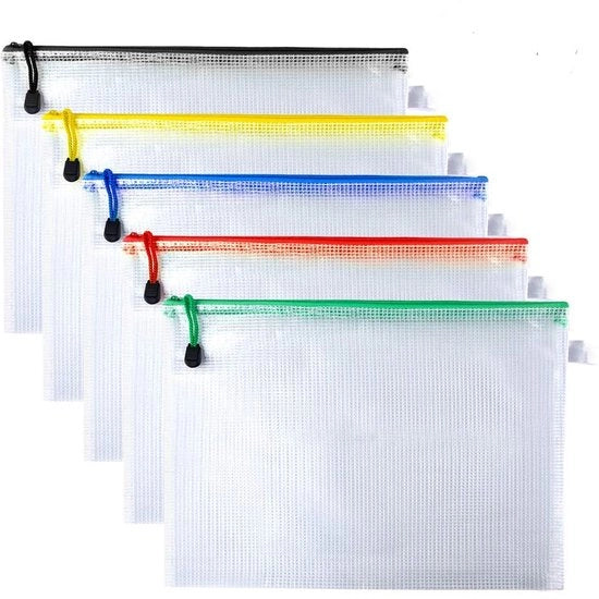 Documenti A4 acqua resistente - 5 pezzi - set di contenitori in plastica/PVC - borsa trasparente con cerniera colorata - 32x23 cm - per organizzazione documenti - Documento cartaceo