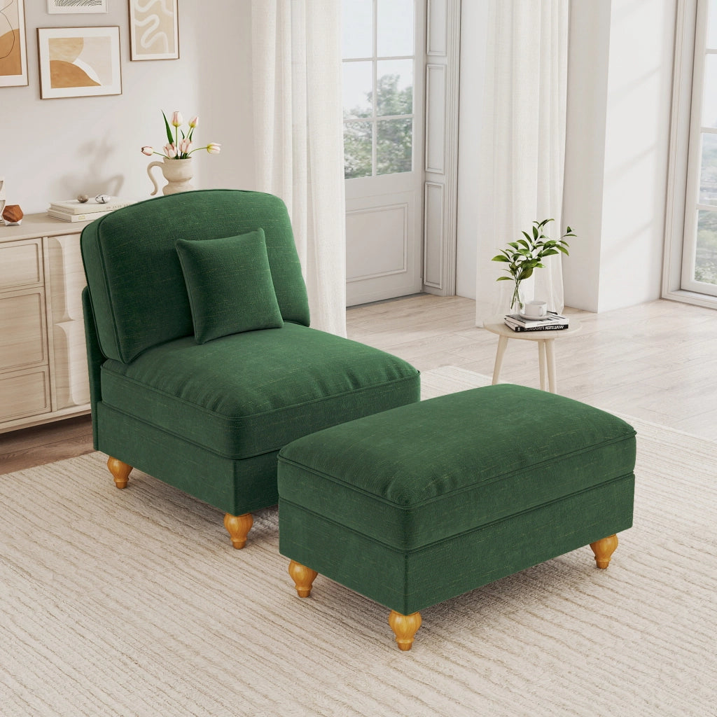 Poltrona con poggiapiedi in chenille verde con gonna rimovibile; gambe a spillo e cuscino mobile