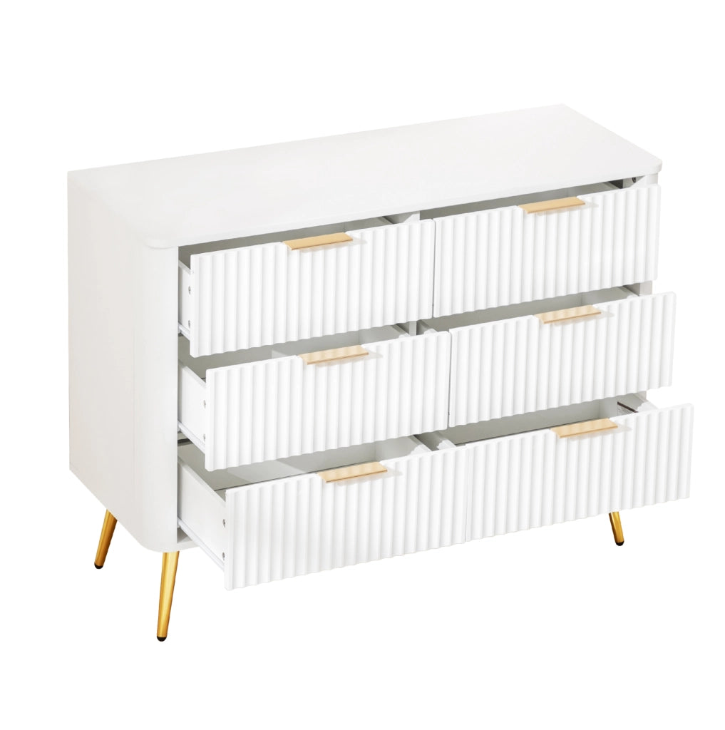 Cassettiera bianca in MDF con 6 cassetti; guide soft-close e maniglie in metallo