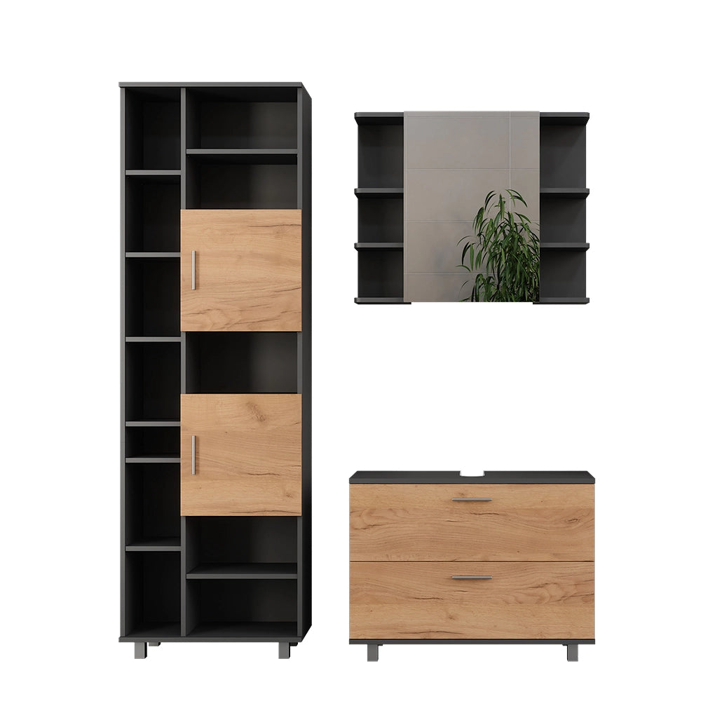 Vicco Set di mobili da bagno Quercia dorata/antracite 3 parti, con colonna