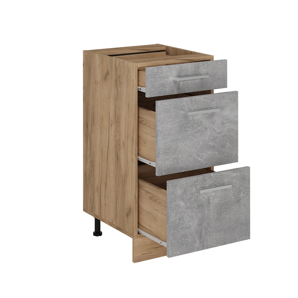 Mobiletto base per cucina R-Line Calcestruzzo/Rovere dorato 40 cm con cassetti, senza piano di lavoro Vicco