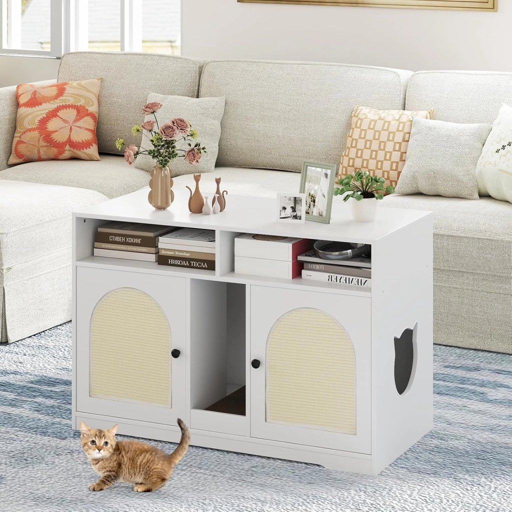 Mobile per Lettiera per Gatti, Cassetta per Gattini con Ripostiglio, Doppie Stanze, Tavola da Graffiare e 2 Tappetini in Sisal, Cuccia per Gatti da Interno, 76 x 53 x 74 cm