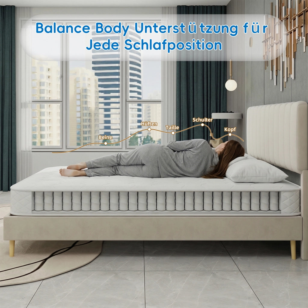 Materasso 140 × 200 cm con molle insacchettate e memory foam traspirante, supporto bilanciato, bianco