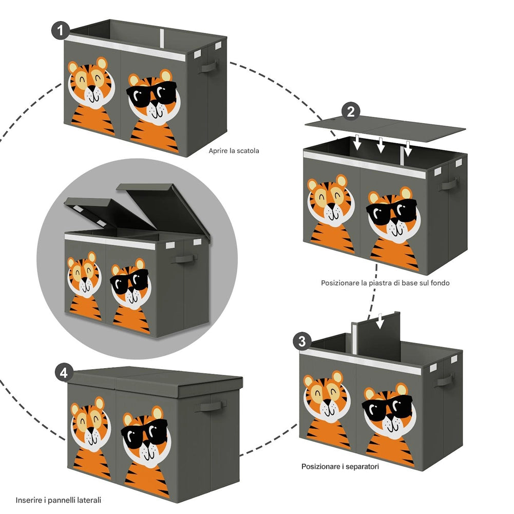 Box Contenitore Giocattoli con Animali Doppio Pieghevole 80L Grigio Salvaspazio