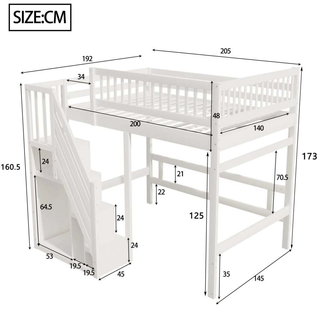 Letto a soppalco 140x200 cm con scala contenitore e sponda alta