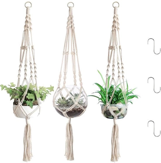 Macramé Sospensione 105cm 3 Pezzi, Sospensione per Interni, Macramé con Cavo di Cotone, Adatto per Decorazione di Plafond, Balcone e Parete Interna ed Esterna, Portata di 10 kg