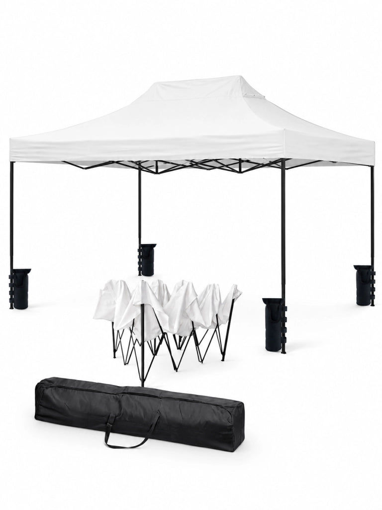 Gazebo Professionale Con Struttura A Fisarmonica Richiudibile Automatico In Acciaio E Telo Oxford 1200D PVC Impermeabile E Anti UV Dotato Di Sacche Zavorra E Borsa Trasporto Per Sagre Feste Eventi 3x4.5 M Bianco