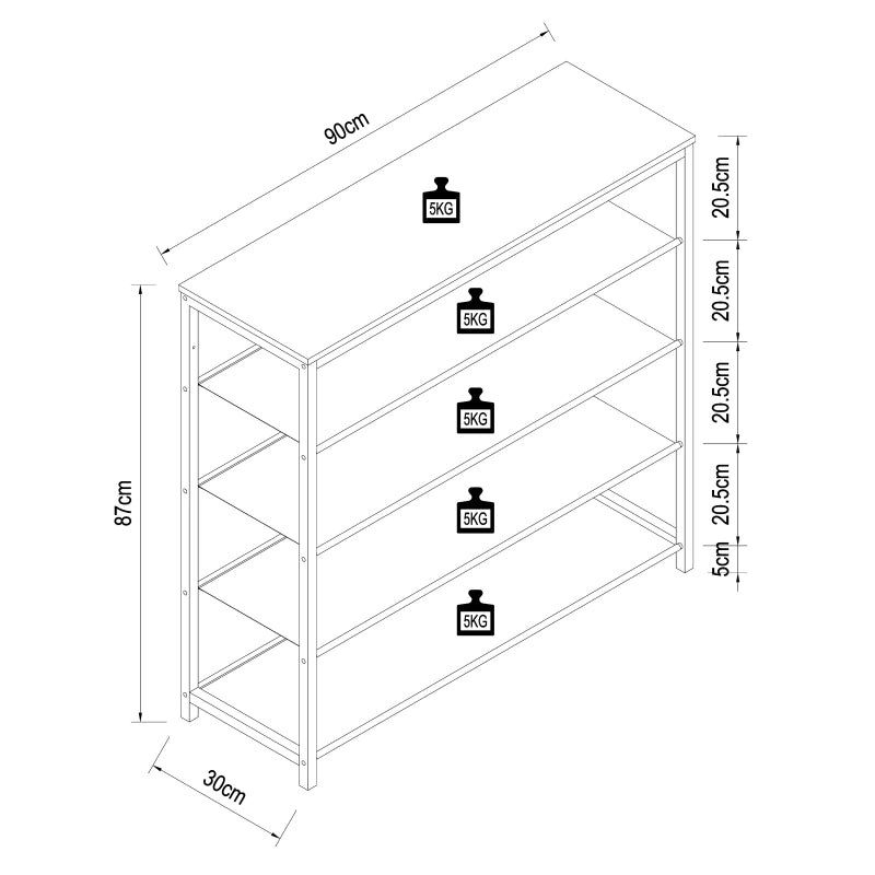 Linea Ferro Scarpiera H87 L90 P30 cm Porta Scarpe in Metallo Salvaspazio con Ripiani Stabili Colore Noce