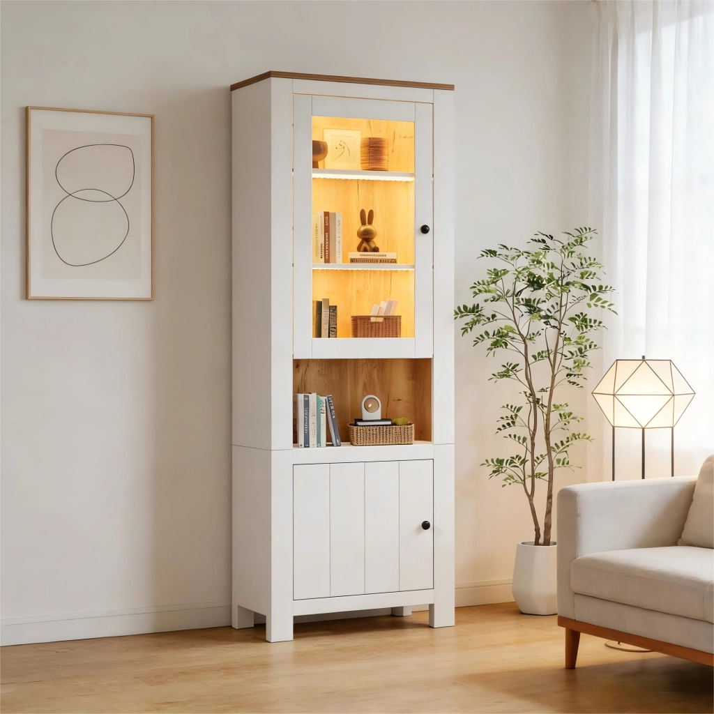 Vetrina Alta con LED ¨C MINIMAL ¨C Bianco/Legno, 2 Ante, 6 Ripiani, 70x40x188