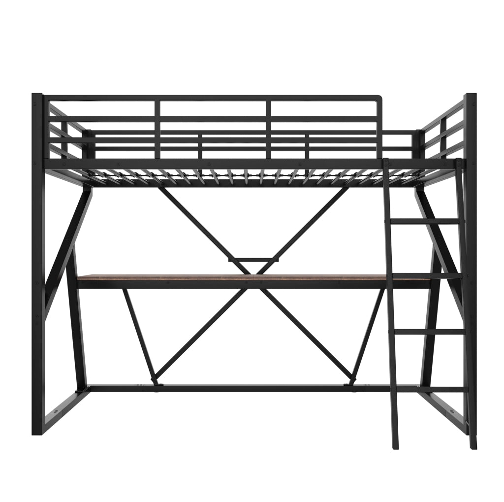 Letto a soppalco 90x200 cm nero con scrivania, LED, scala e sponde
