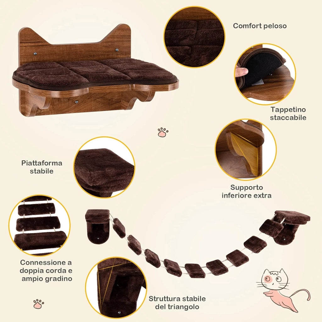 Scaletta per Gatti Montata al Muro, Letto di Legno per Gatti con Scaletta, Durevole e Stabile, Centro Attività da Interno per Gatti, Facile da Montare