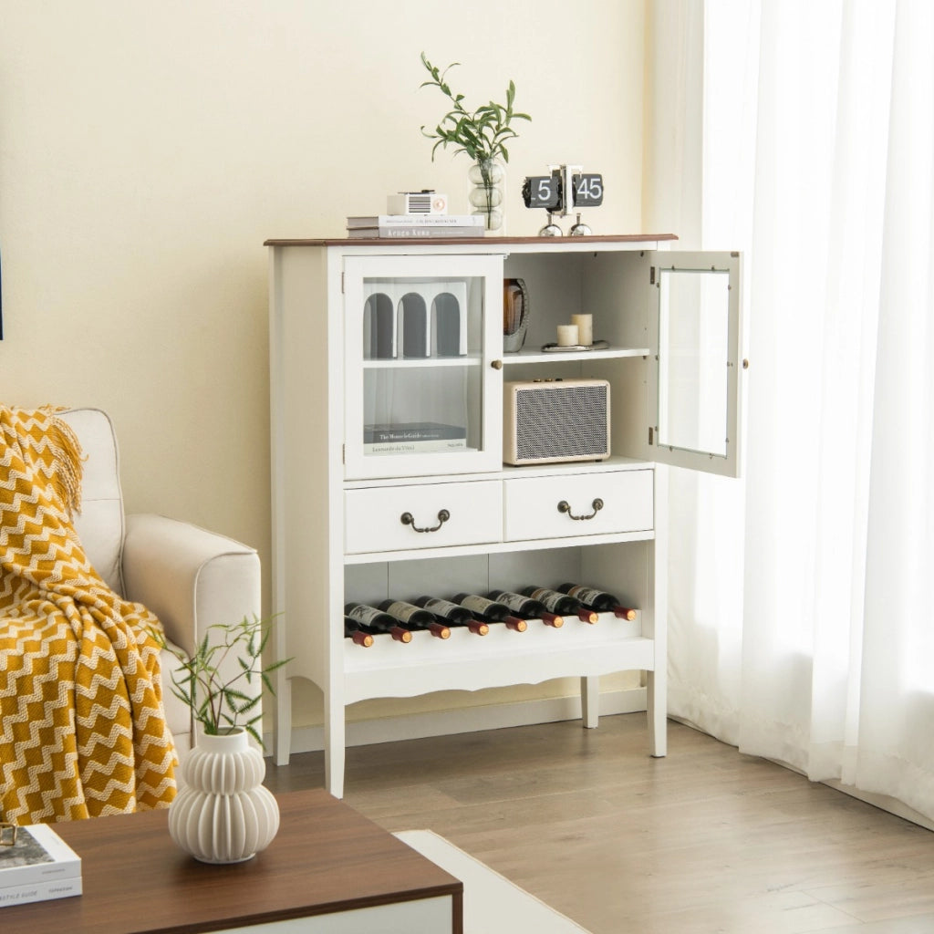 Mobile contenitore indipendente con 2 porte in vetro 2 cassetti, Stazione bar ad angolo per sala da pranzo Bianco-Credenze buffet