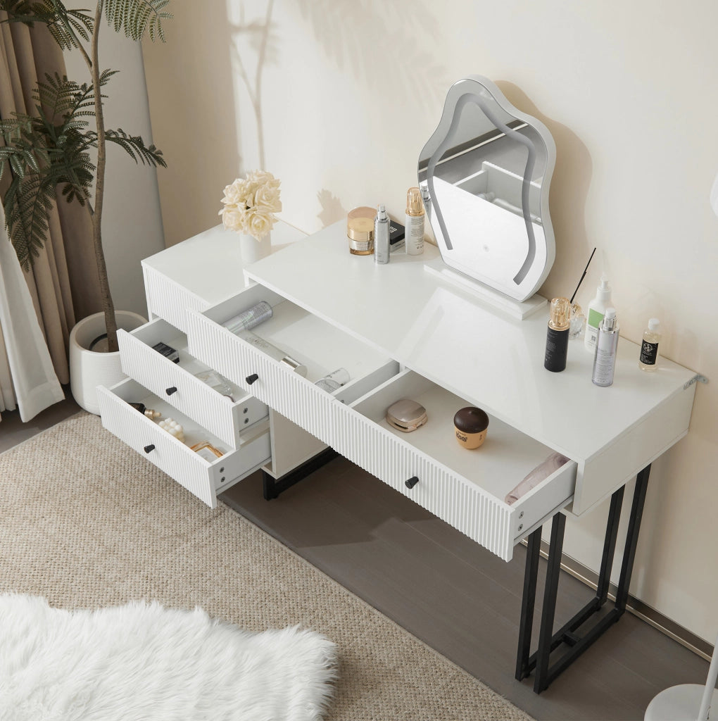 Tavolo da trucco bianco con specchio LED dimmerabile e 5 cassetti, 100x40x76 cm