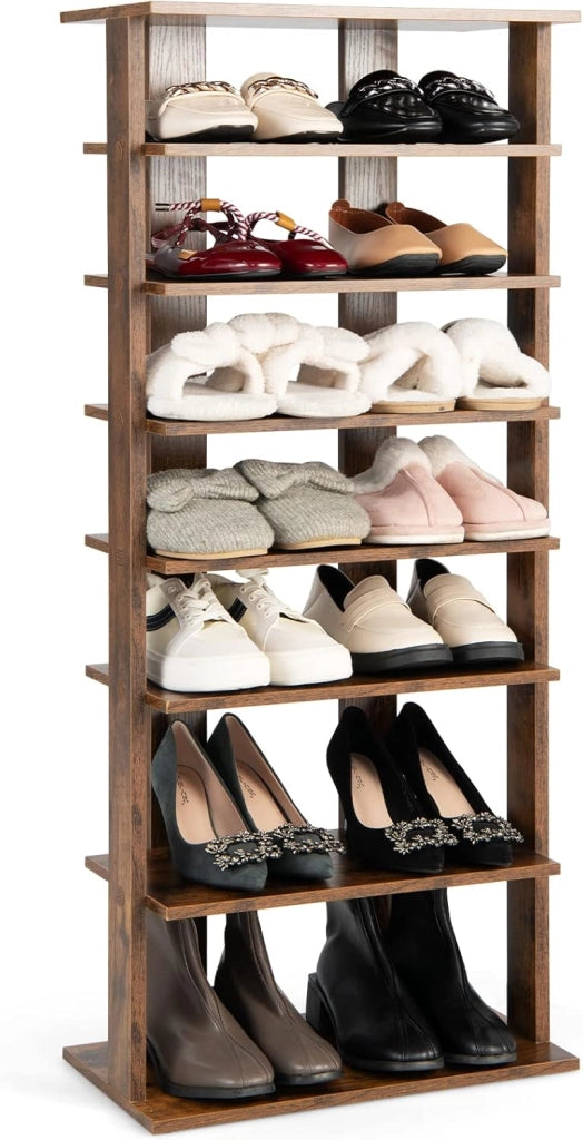 Scarpiera da Ingresso, Portascarpe a 7 Ripiani, Scaffale per 7/14 Scarpe, in Legno, Stretto e Compatto per Salvaspazio, 2 Size di 27,5x26,5x110 cm e 45x25x110 cm (Marrone, L)