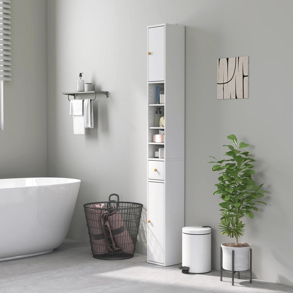 Colonna Bagno Salvaspazio con 2 Armadietti, 3 Ripiani e Cassetto ¨C zephmum ¨C Legno, Bianco, 20x20x178 cm
