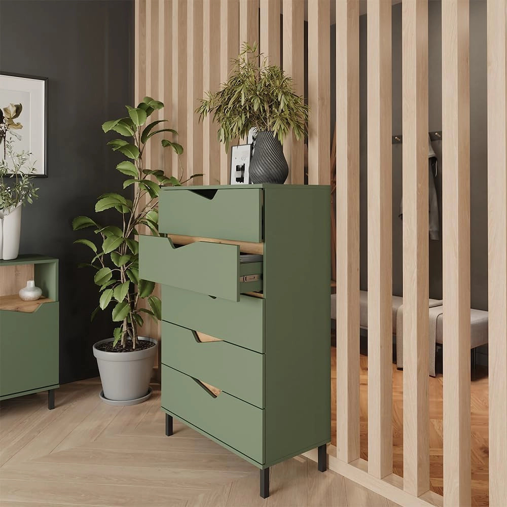 Cassettiera per camera da letto Marelle, Verde/Artigianale, 76 x 120 cm con 5 cassetti, adatto per riporre abiti e oggetti di uso quotidiano