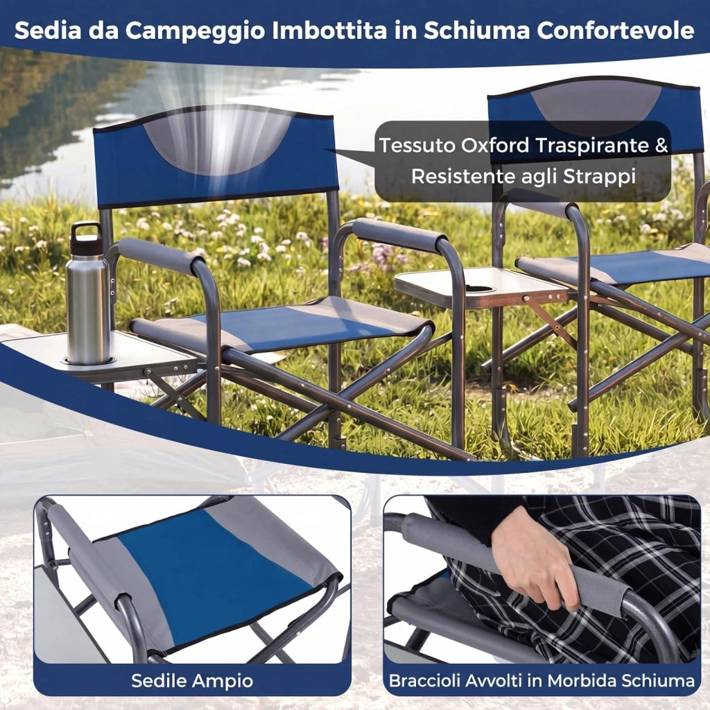 Sedia da Regista Imbottita con Tavolino, Ampio Sedile, Braccioli e Schienale, Sedia da Campeggio Pieghevole con Telaio Metallico per Eventi Sportivi e Pesca, Portata 180 kg (Blu)