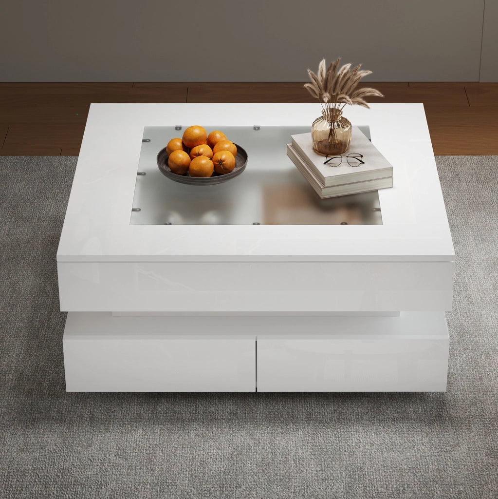 Tavolino da caffè LED bianco 70x70x35 cm con 3 cassetti