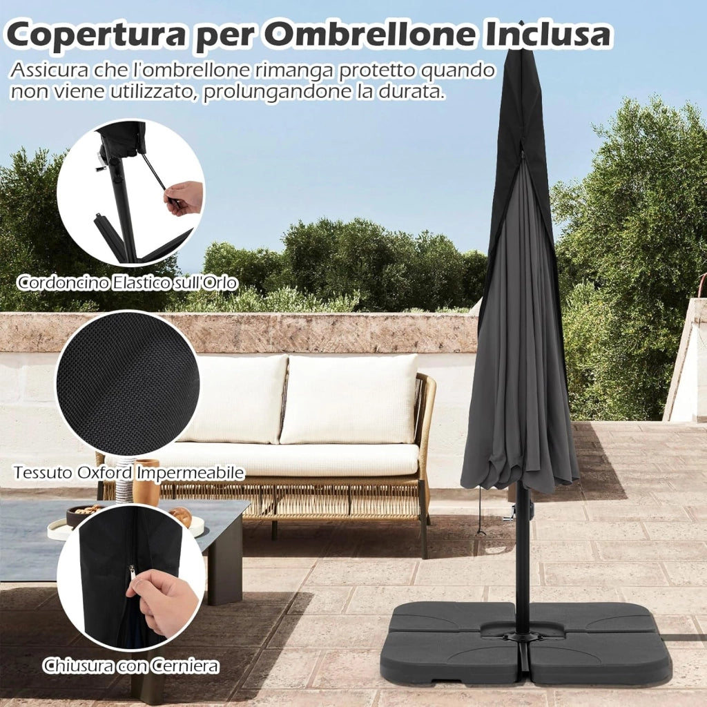 Ombrellone da Giardino 290 cm a Braccio | Inclinazione Regolabile, Manovella, 8 Stecche, Telo Solare, Copertura Inclusa