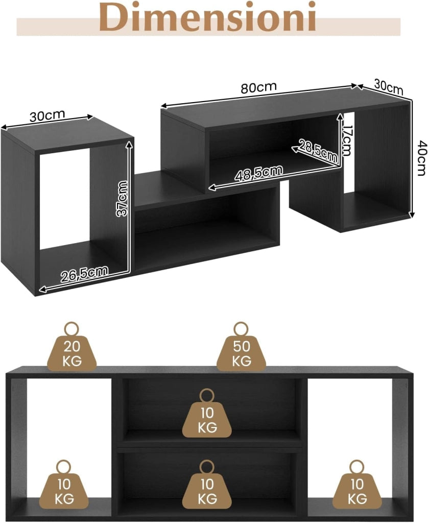 Mobile Porta TV Combinabile a 2 Pezzi, per TV Fino a 60'', Mobile TV a Angolo Soggiorno in Legno, con 4 Vani Aperti, Tavolo Media TV Multifunzionale, per Soggiorno, Camera da Letto (Nero)