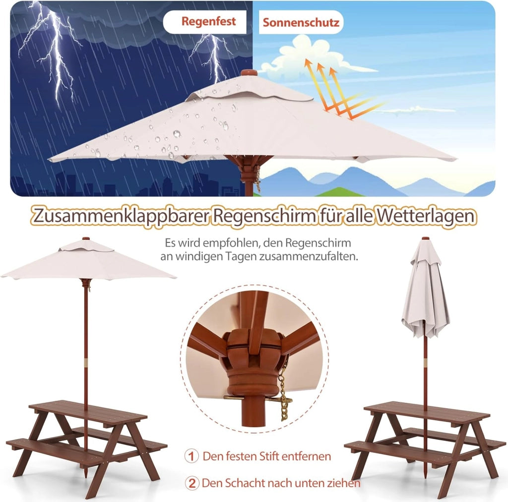 Set di mobili da giardino in legno per bambini, con ombrellone, tavolo da picnic per bambini con protezione UV e impermeabile, tavolo da giardino e panca, set di mobili da giardino per esterni