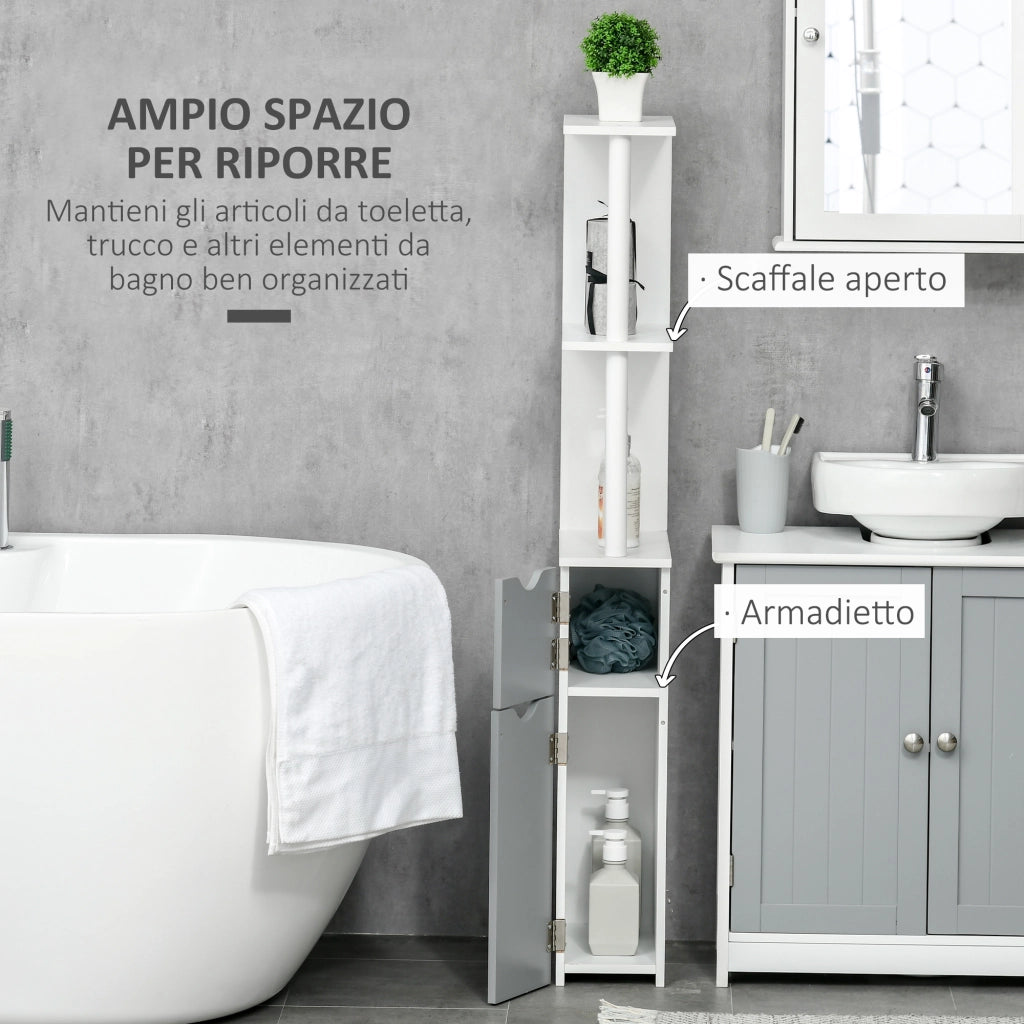 Colonna Bagno con Ripiani e Armadietti ¨C zephmum ¨C Legno Bianco Grigio 15.2x29.8x118 cm