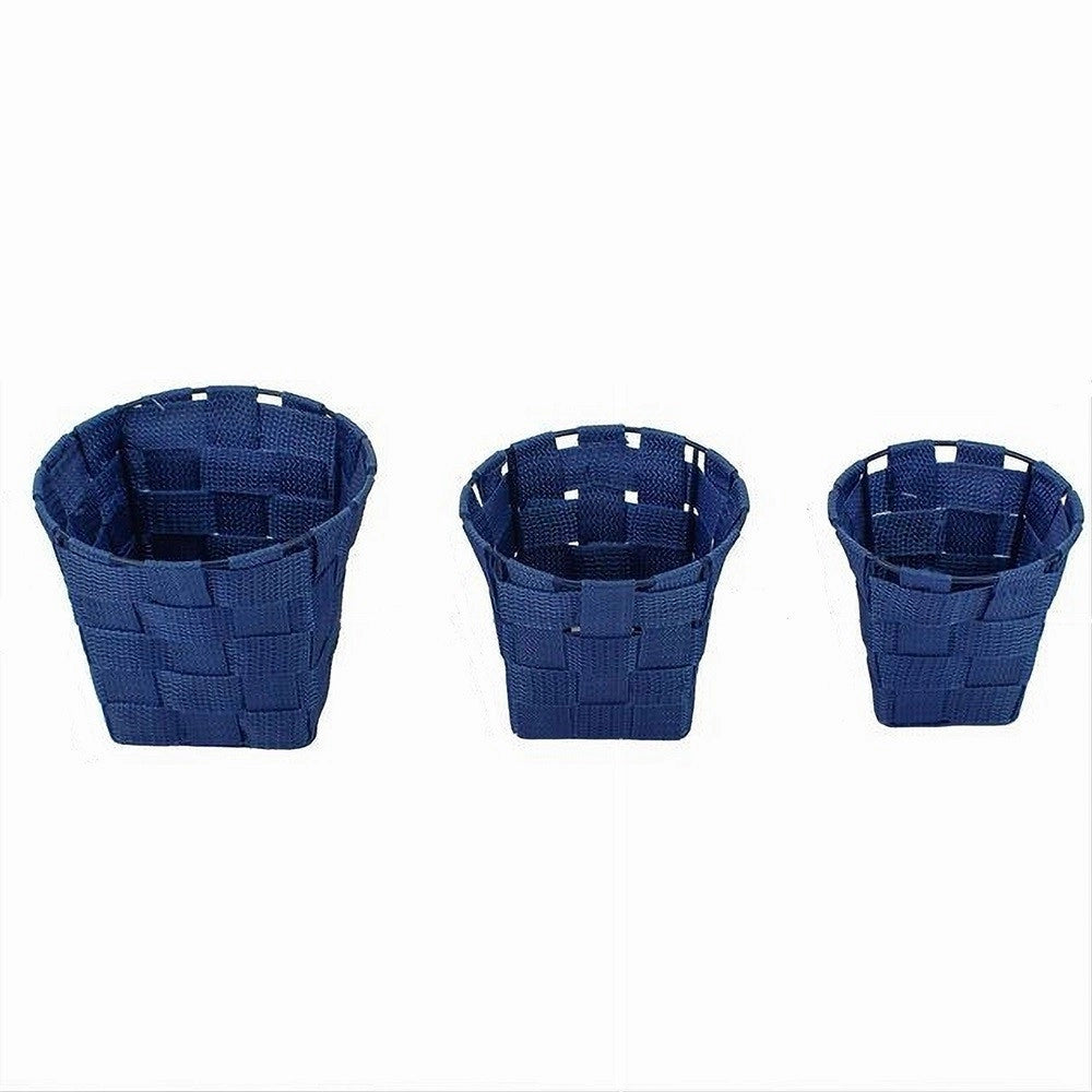 Trade Shop - Set 3pz Cestini Rotondi Porta Oggetti In Tessuto Blu Per Bagno Casa Cucina 79046 -