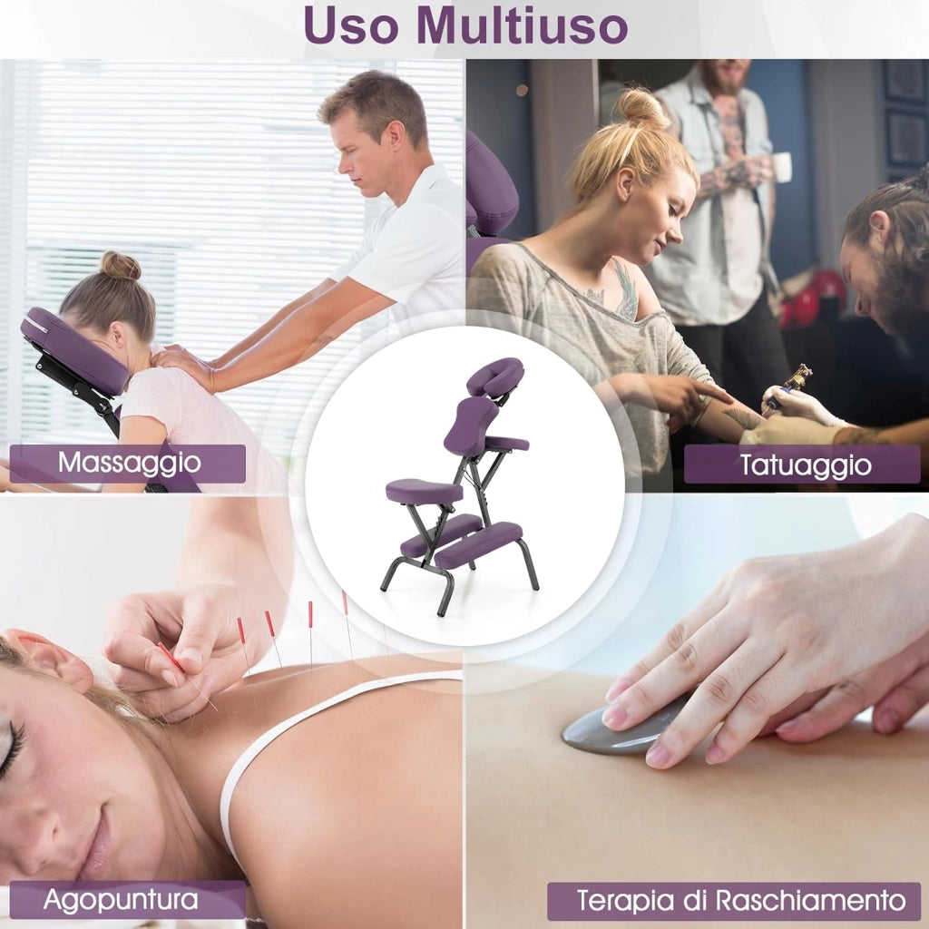 Sedia da Massaggio Pieghevole e Leggera, per Viaggi Tatuaggi e SPA, Sedia da Massaggio con Altezza Regolabile con Poggiatesta e Borsa da Trasporto (Viola)
