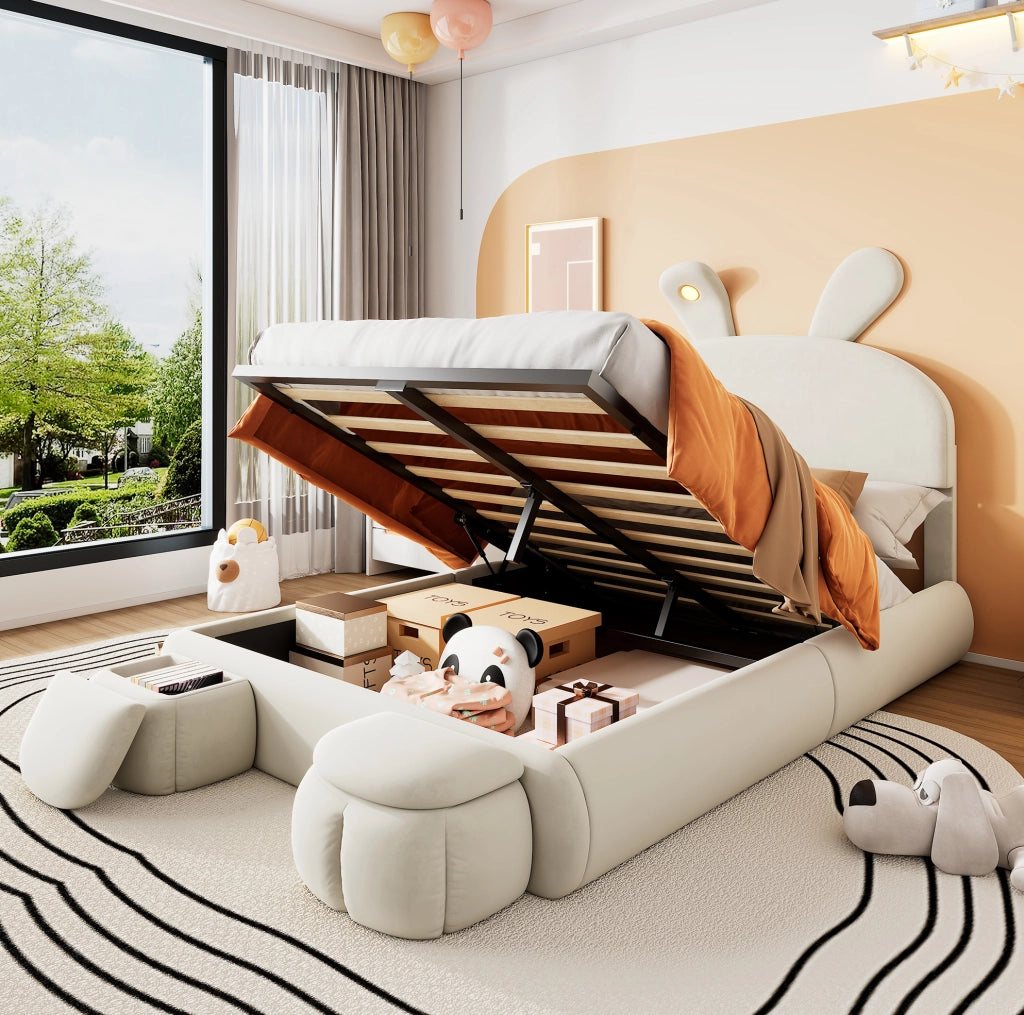 Letto imbottito 140x200 cm beige in velluto con contenitore e LED