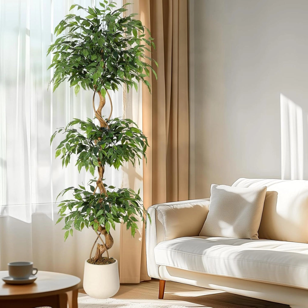Ficus Lyrata Artificiale 180 cm con Tronco Curvo Foglie in Seta e Vaso Bianco