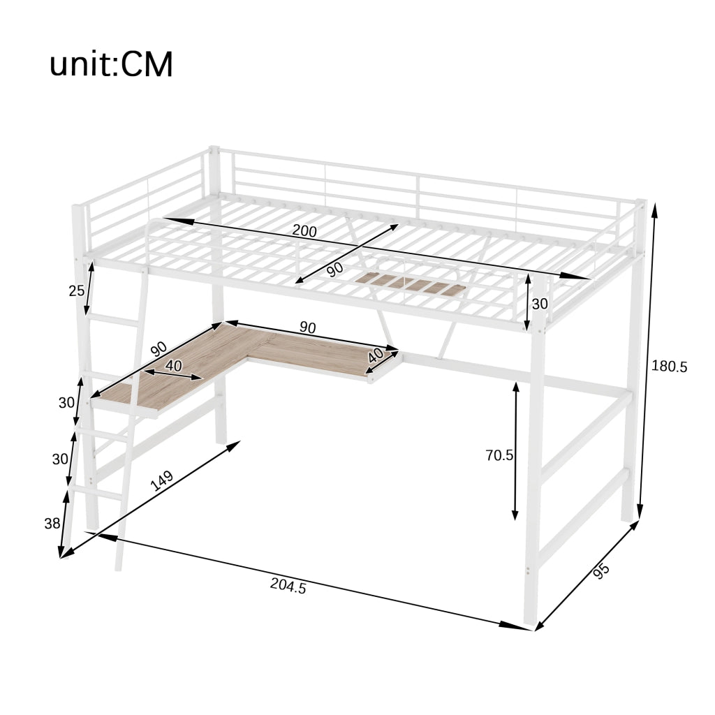 Letto a castello bianco in metallo con scrivania a l e scaffale 90x200 cm