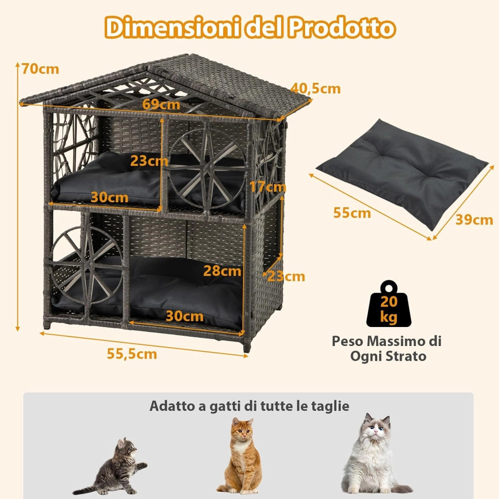 Casa per Gatti in Vimini a 2 Piani, Recinto per Gattini in Rattan con Cuscini Rimovibili, Tetto, Finestre e Porte, Rifugio Elevato da Interno ed Esterno per Conigli e Gattini