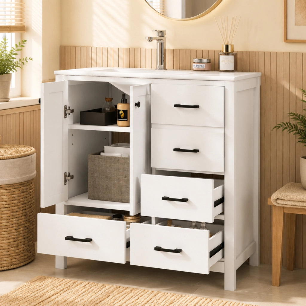 Mobile sottolavabo con lavabo in ceramica, 1 anta, 4 cassetti e 3 ripiani, per bagno, bianco, 76 × 46 × 82 cm