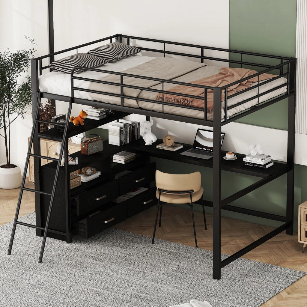 OKWISH Letto a soppalco 140×200 cm, Letto Matrimoniale con Scrivania ad L, 4 Cassetti e Vani, senza Materasso, in Metallo e MDF, Nero