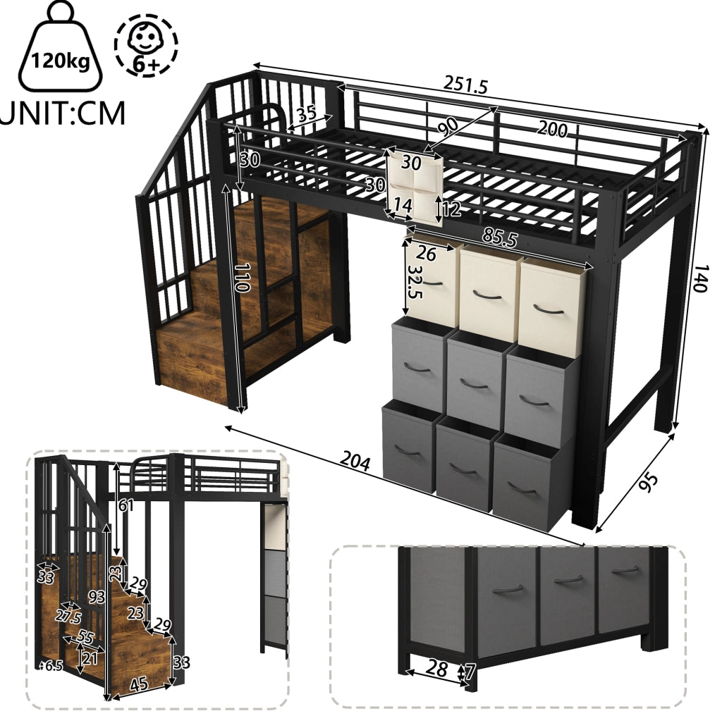 Letto a soppalco 90x200 cm in metallo e MDF nero con cassetti; cabina armadio e scala contenitore